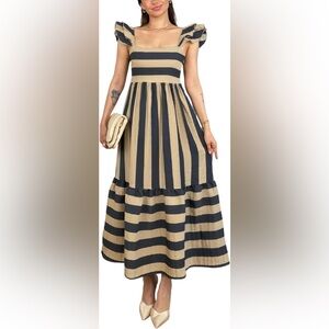NWT- Striped Navy and Beige Dress / Long Dress/ Ruffle Shoulders
